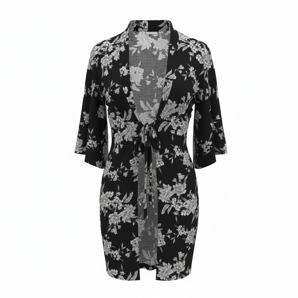 Spiritual Gangster Kimono Women Large‎ Black Maya Floral Tie Front Boho Fairy